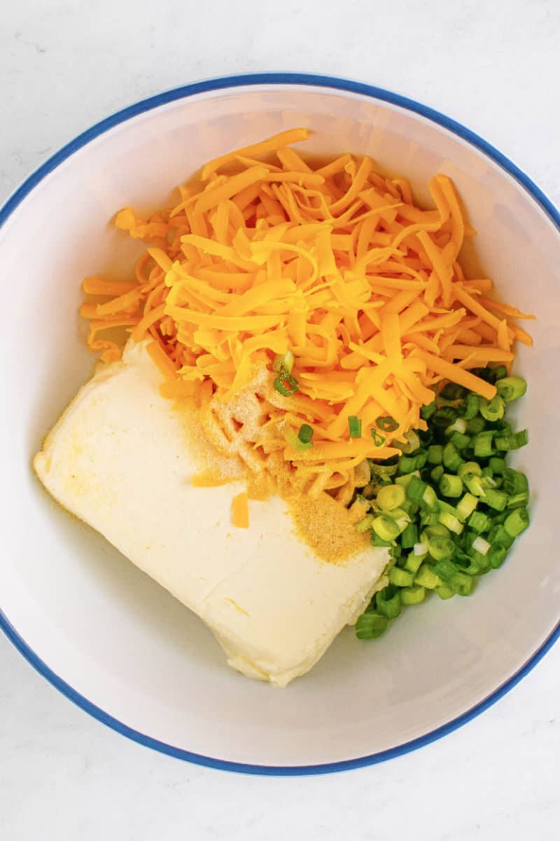cream cheese, cheddar cheese, green onions, and seasoning in a mixing bowl