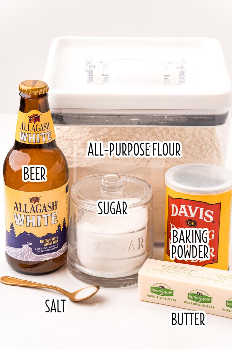beer bread ingredients laid out on a counter