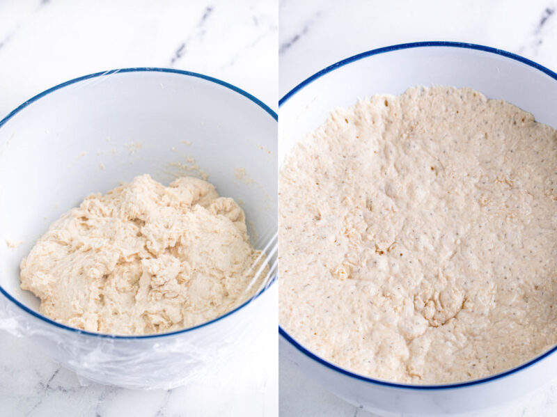 side-by-side of bread dough covered with plastic wrap and the same dough after rising