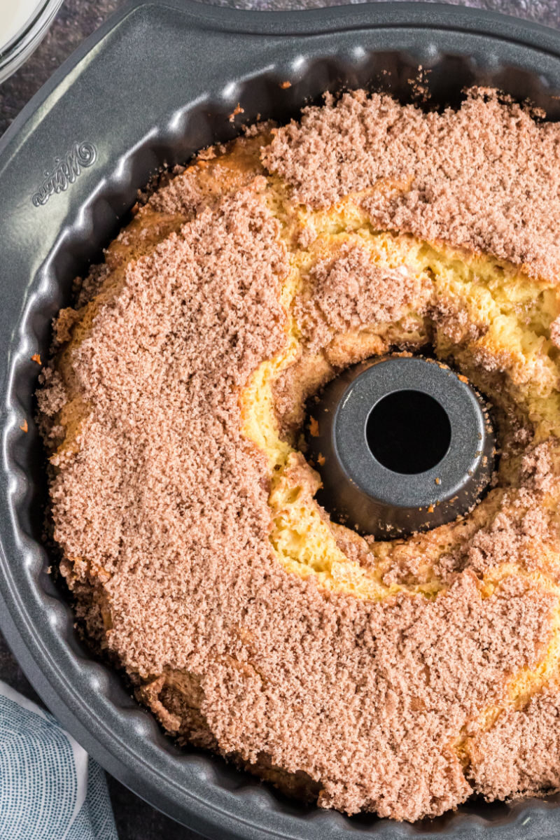 sour cream coffee cake in a bundt cake pan after baking
