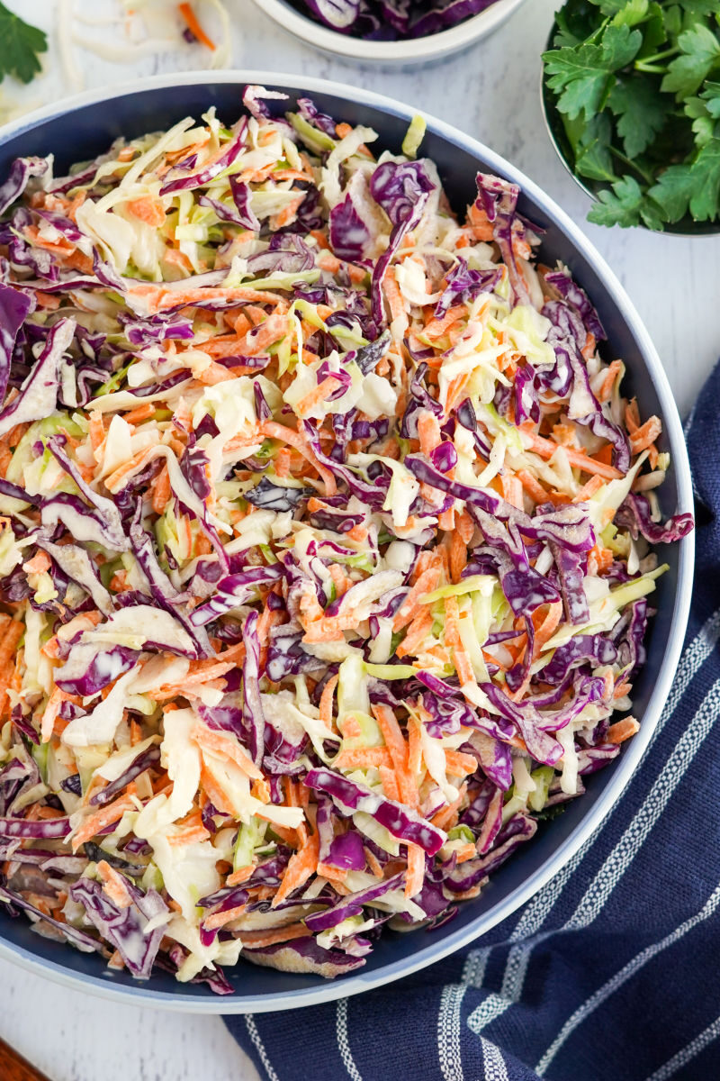 close up of a bowl of homemade coleslaw
