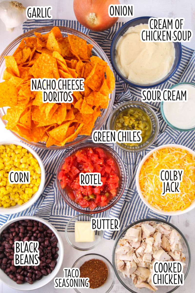 dorito chicken casserole ingredients in bowls with text labels