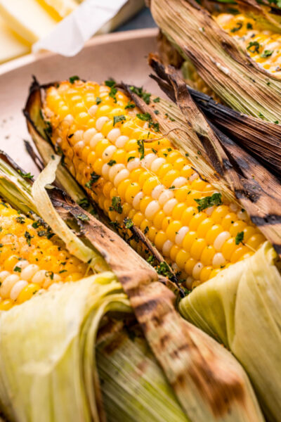close up of grilled ears of corn on the cob with seasoning