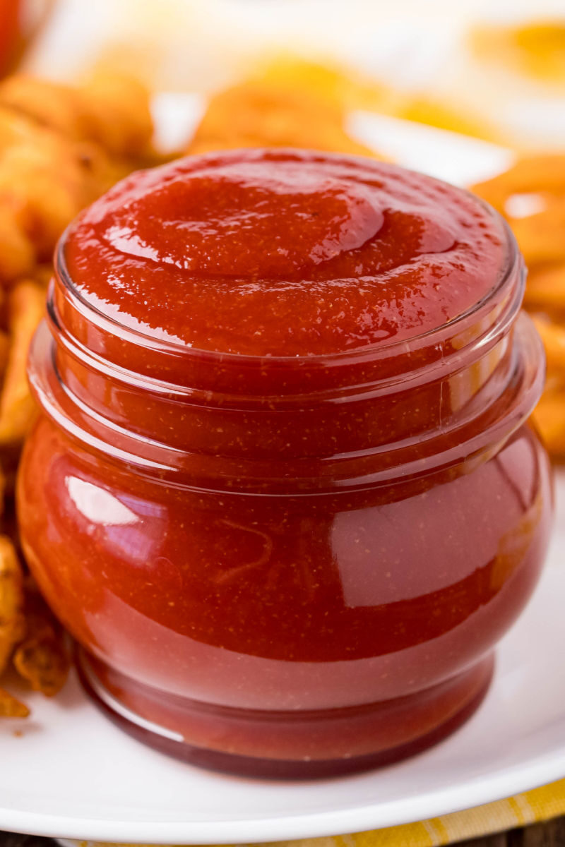 close up of a jar of homemade ketchup