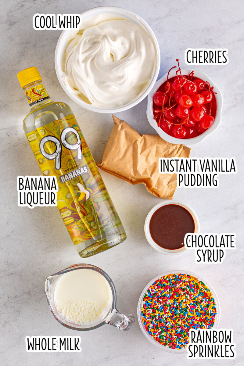 ingredients to make banana split pudding shots with text labels