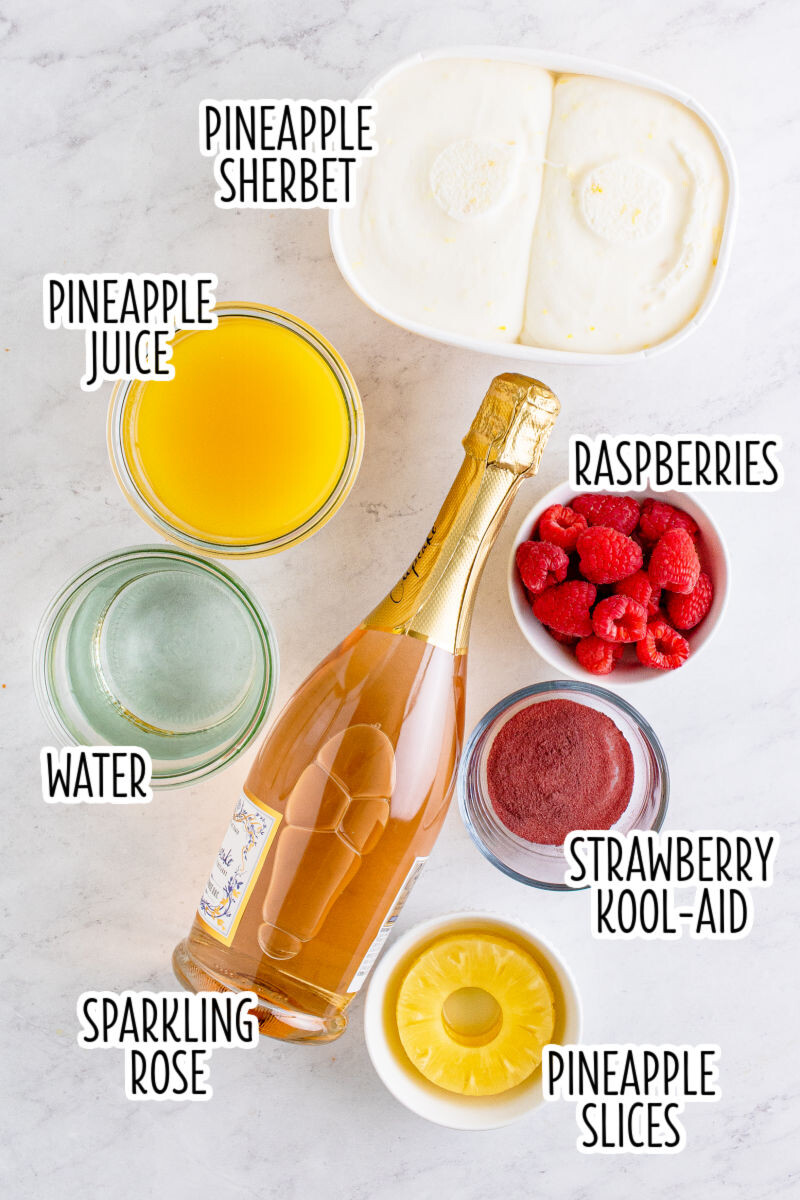 ingredients to make boozy sherbet punch with text labels