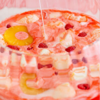 square image of boozy sherbet punch in a bowl with pineapple slices and raspberries