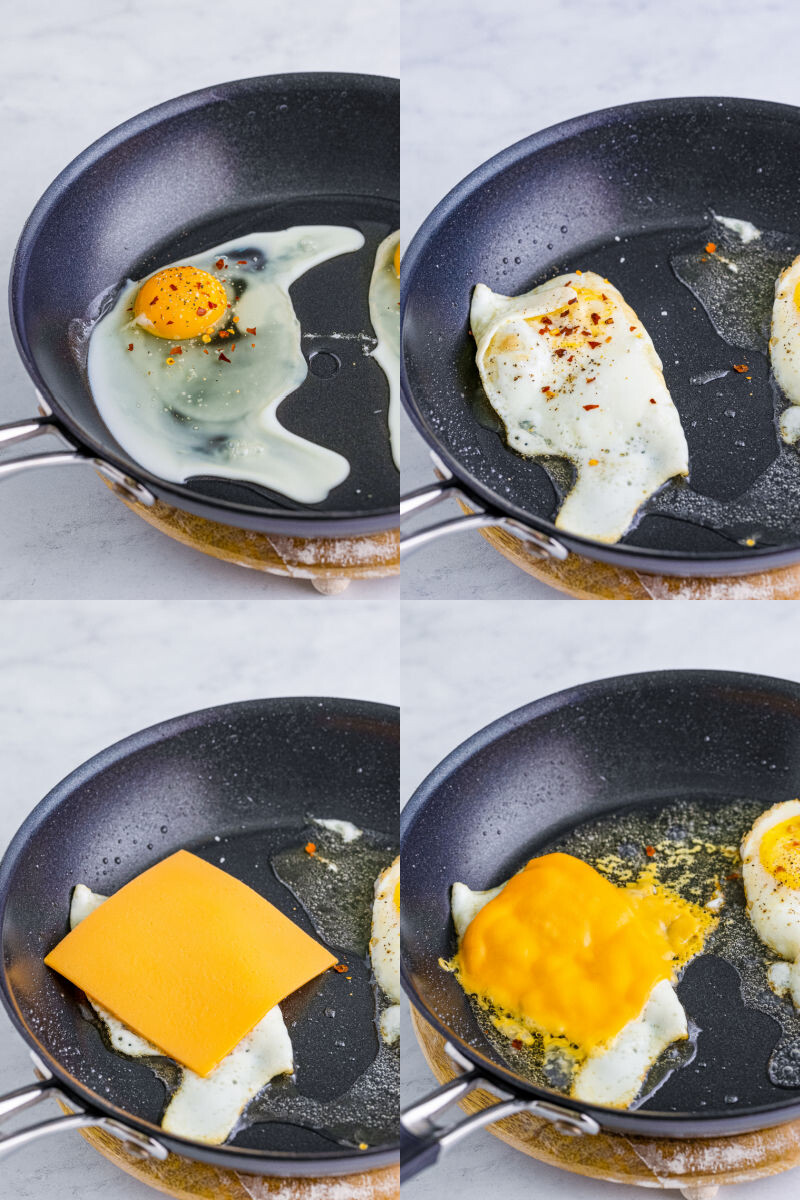 step by step collage frying an over medium egg in a skillet and melting cheese on top