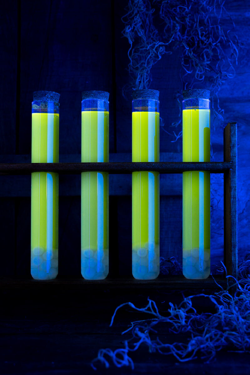 black light swamp water shots in a test tube rack under black light