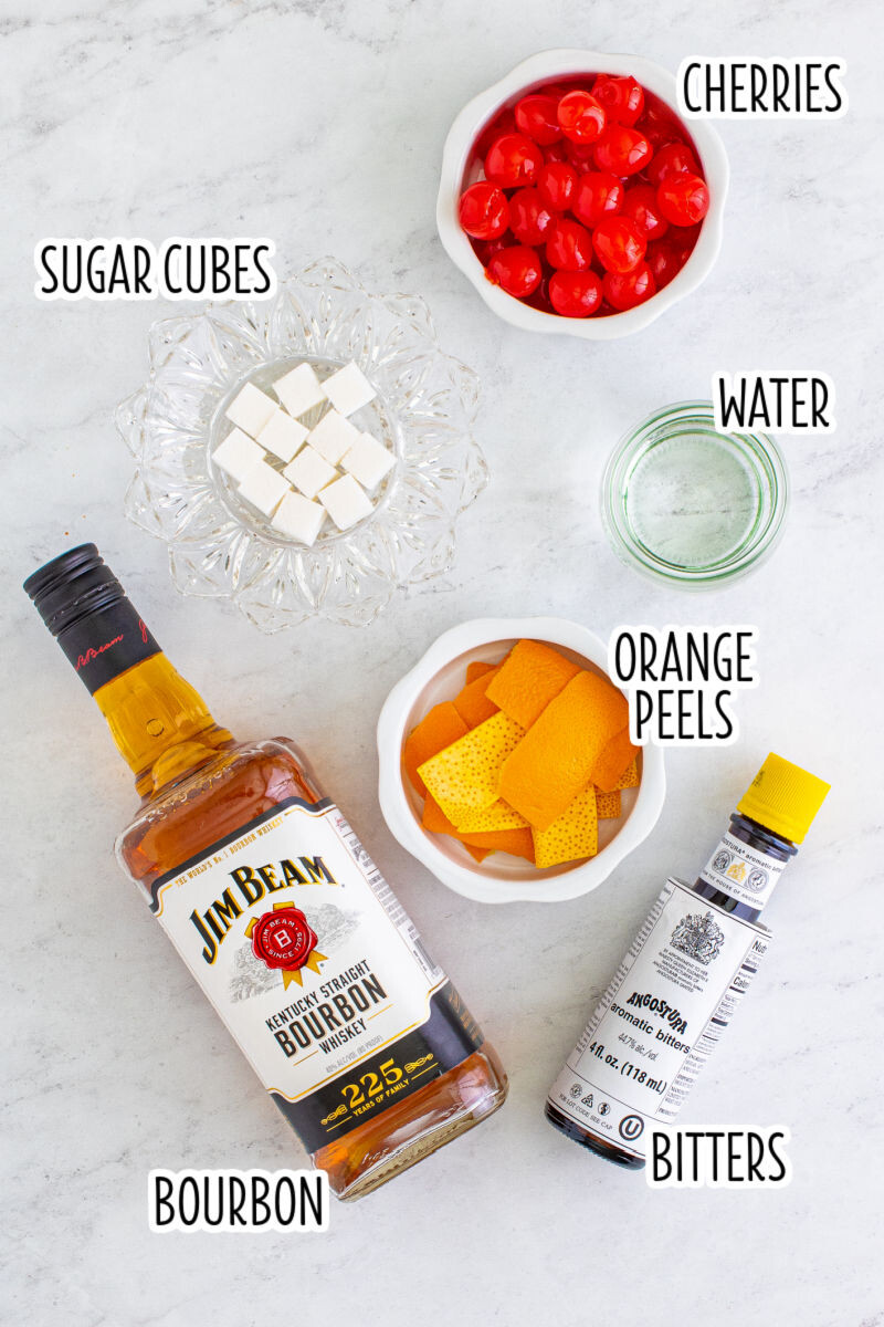 ingredients to make an old fashioned with text labels