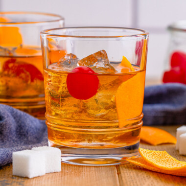 square image of an old fashioned cocktail in a rocks glass