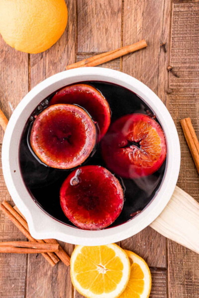 mulled wine in a saucepan after being heated