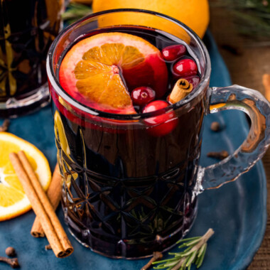 square image of mulled wine in a glass mug