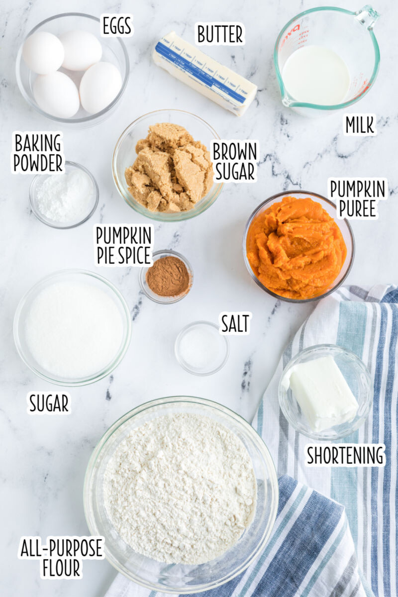 ingredients to make pumpkin bread in bowls with text labels