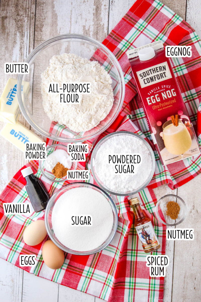 ingredients to make eggnog whoopie pies with buttercream filling laid out on a table with text labels