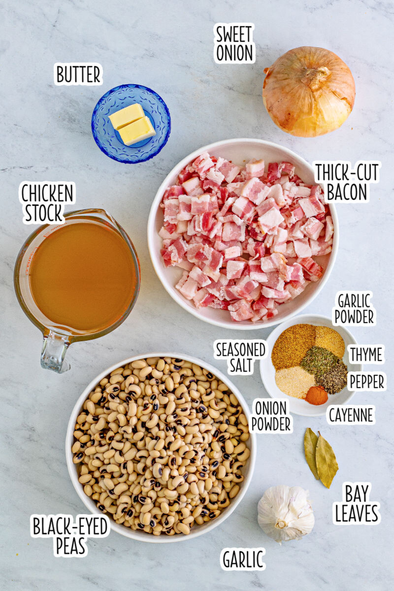 ingredients to make bacon black eyed peas with text labels
