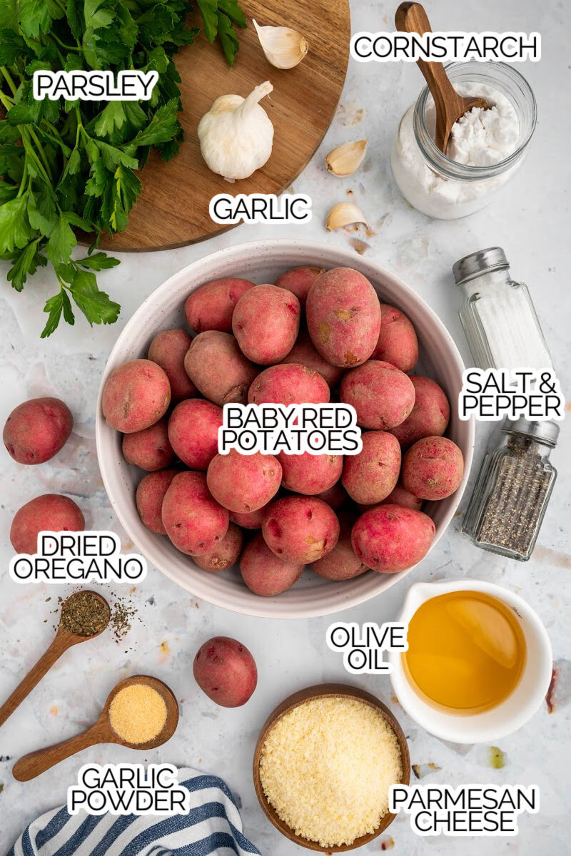 baked parmesan red potato ingredients with text labels