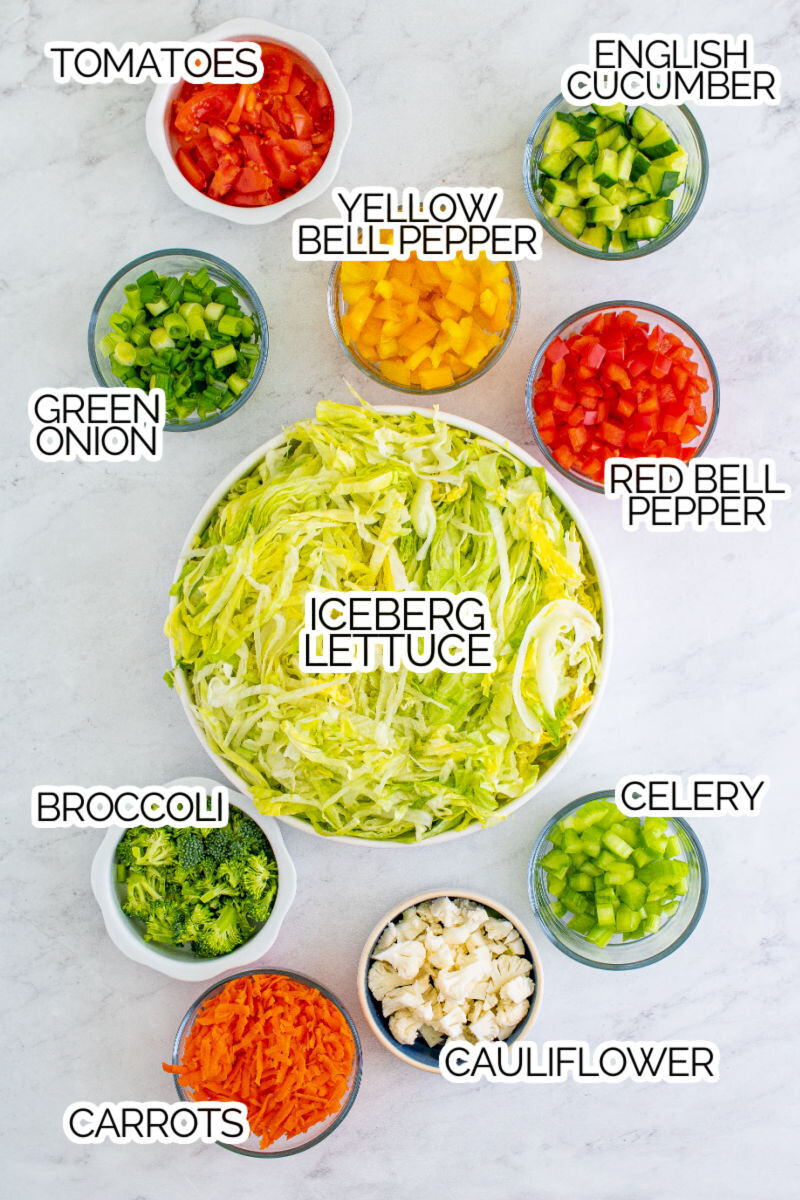 ingredients to make chopped salad in bowls with text labels
