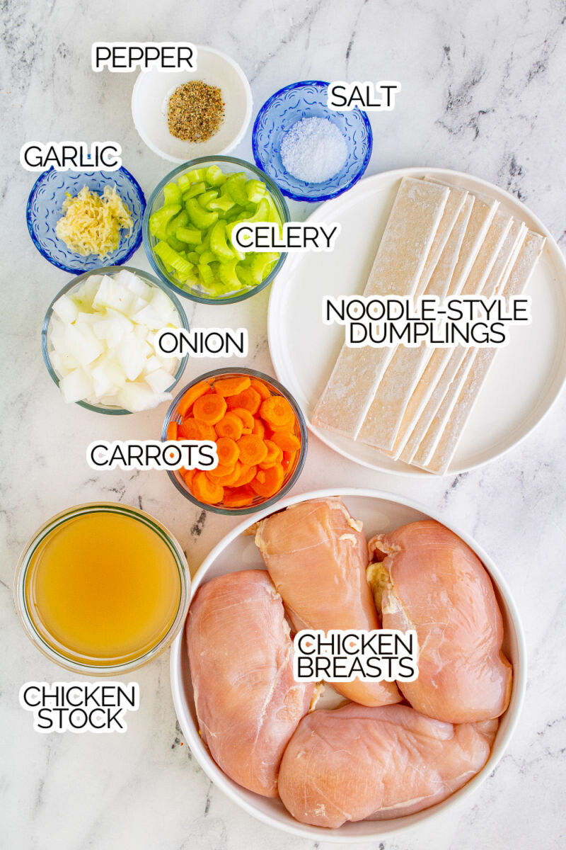 ingredients to make chicken dumplings with text labels