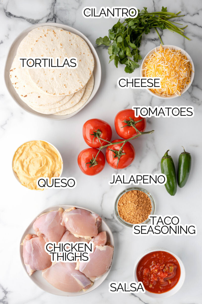 ingredients to make crock pot queso chicken tacos with text labels