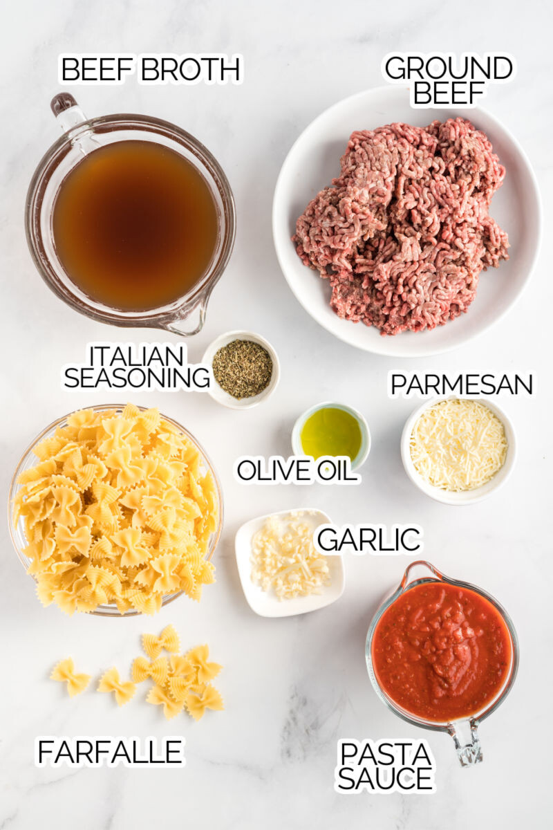 ingredients to make instant pot ground beef pasta laid out with text labels