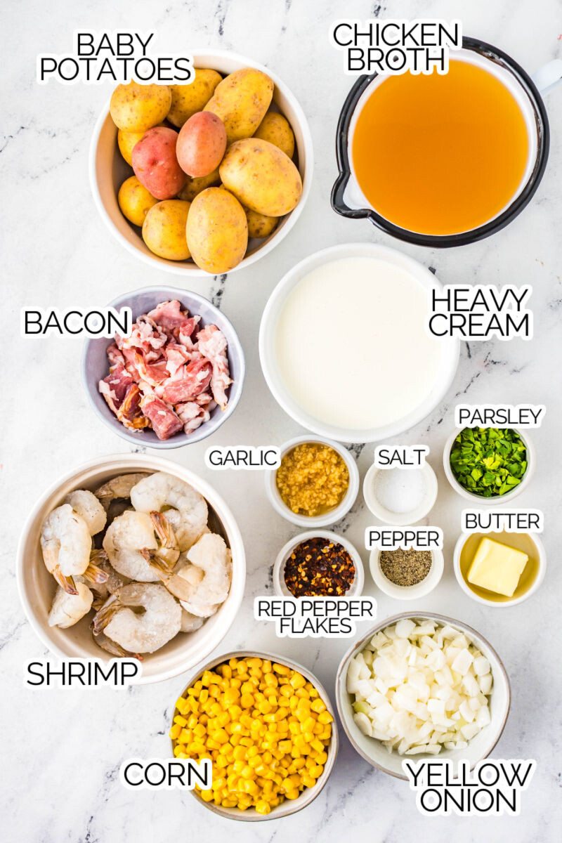 ingredients to make shrimp and corn chowder with potatoes with text labels