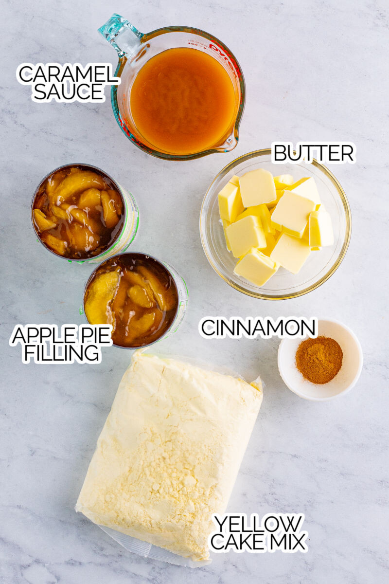 ingredients to make caramel apple dump cake with text labels