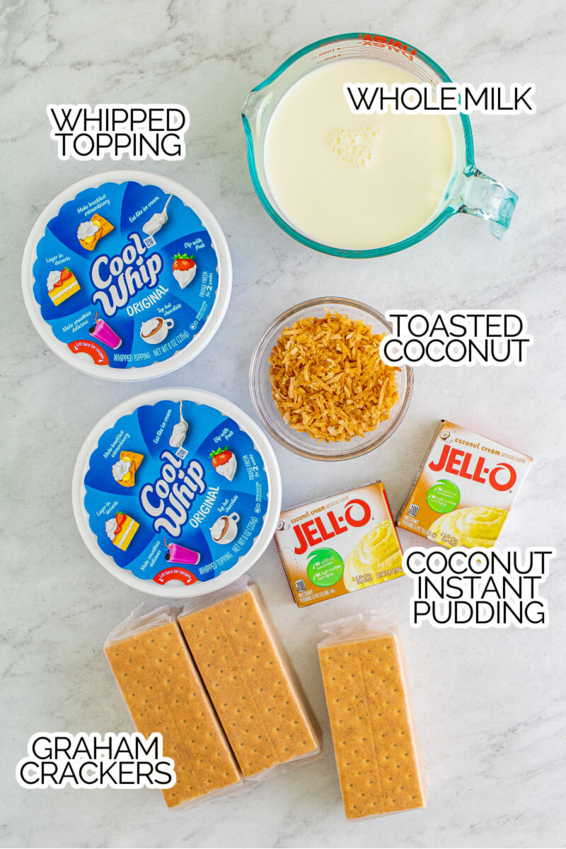 coconut icebox cake ingredients laid out on a counter with text labels