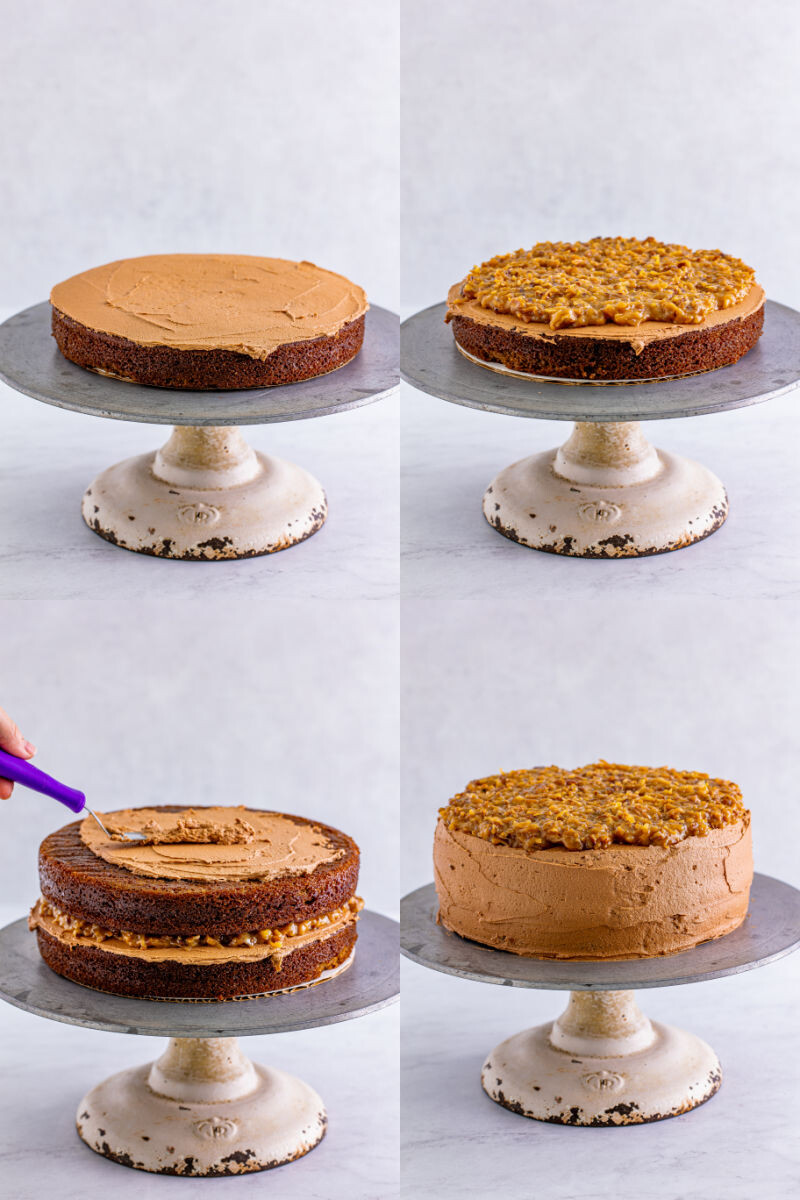 step by step collage of how to frost a german chocolate cake