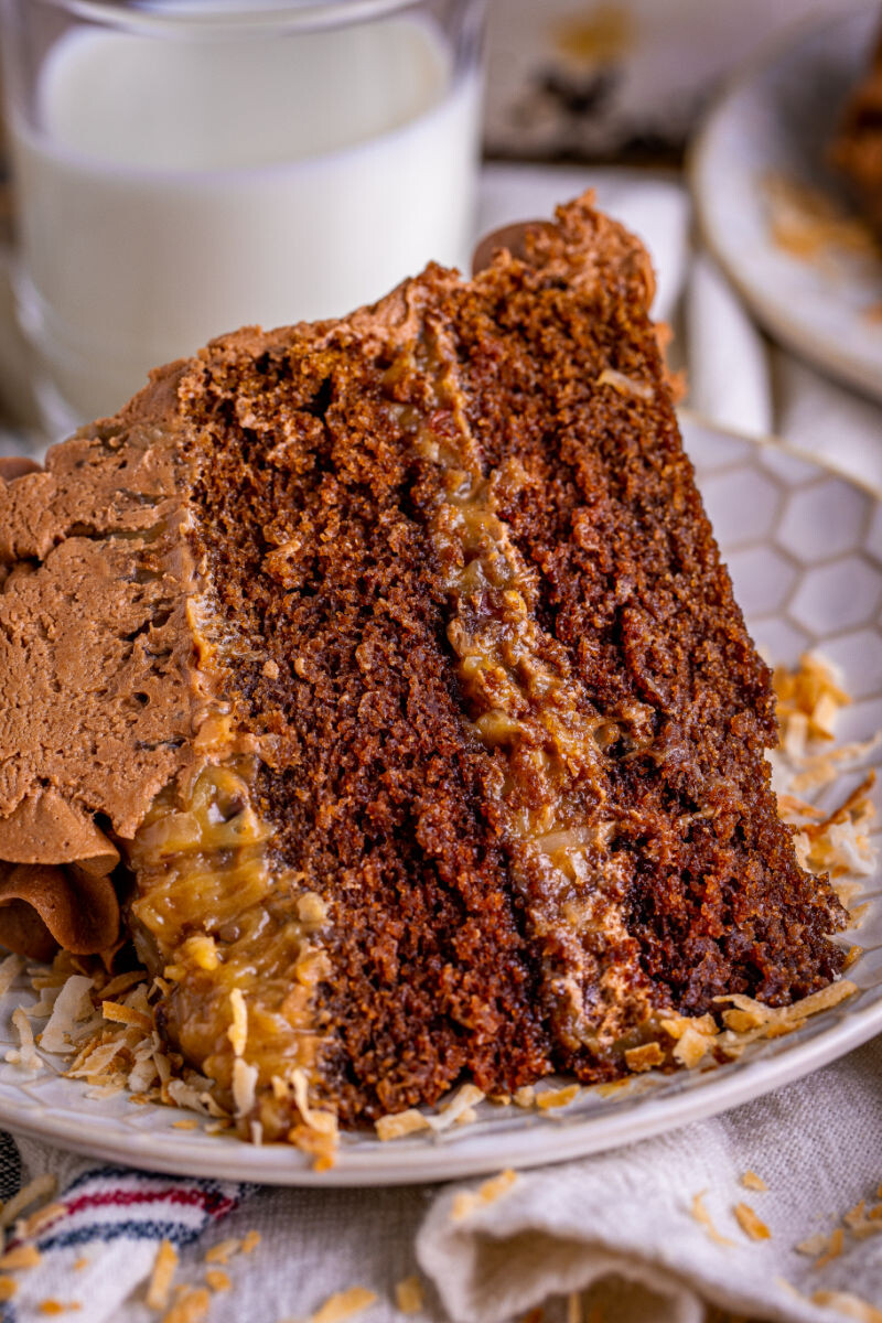 close up of a slice of german chocolate cake on a plate