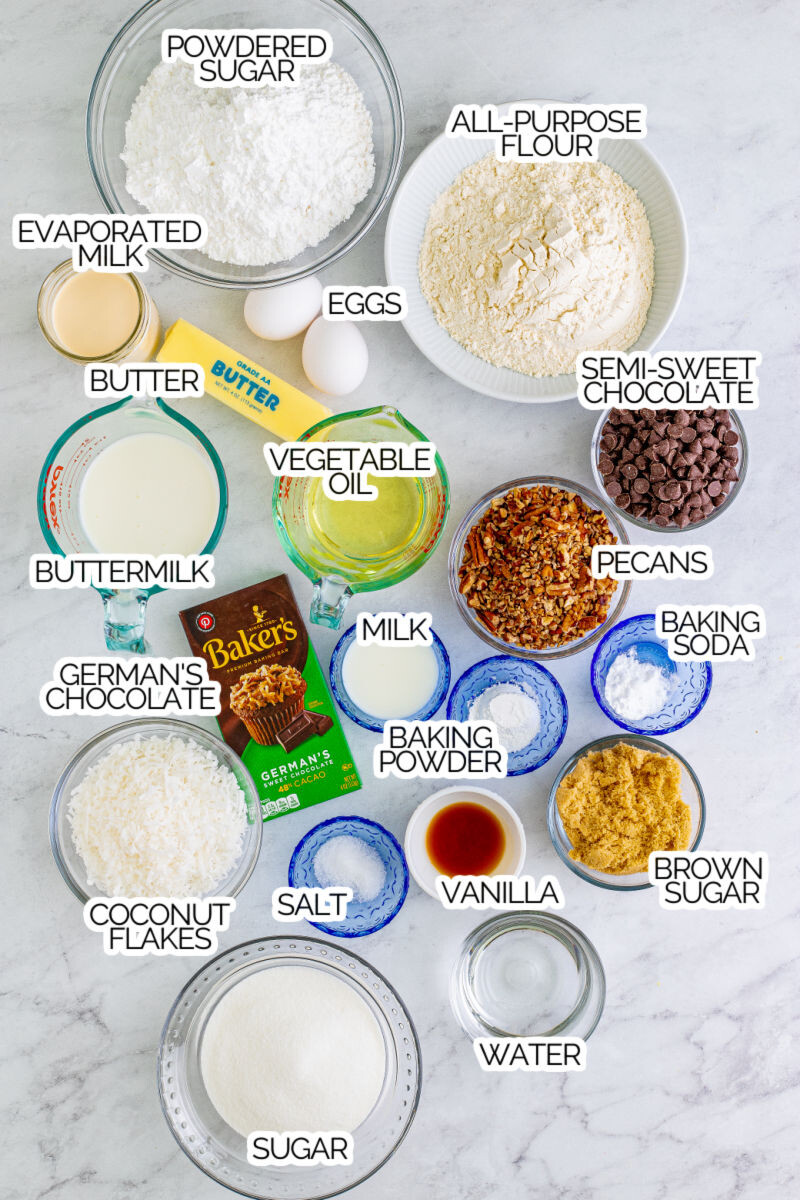 ingredients to make german chocolate cake with text labels