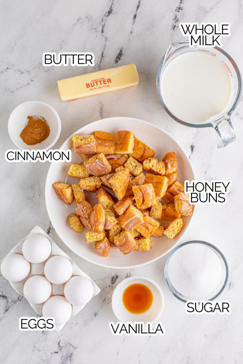 honey bun bread pudding ingredients with text labels