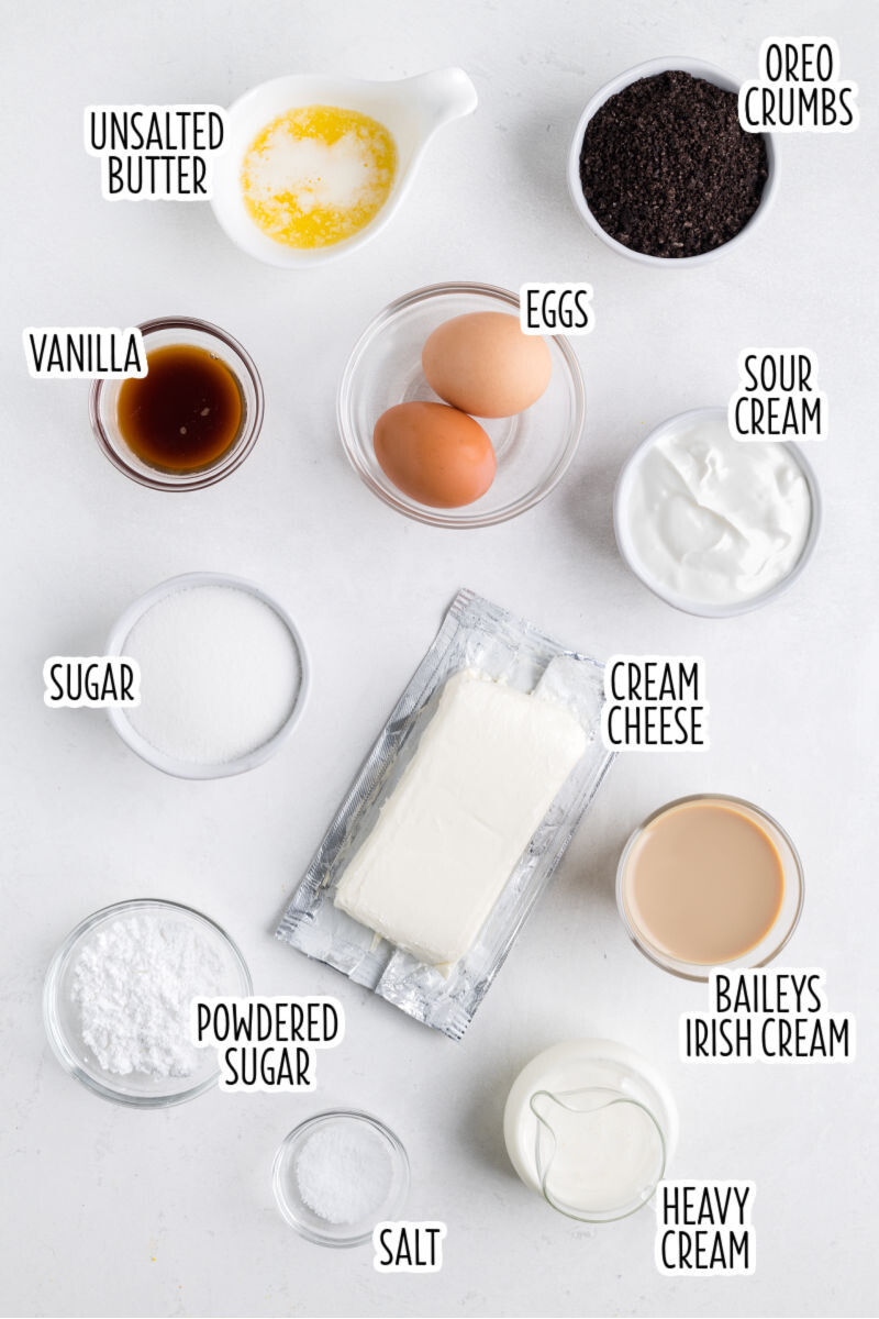 ingredients to make mini baileys cheesecakes with text labels