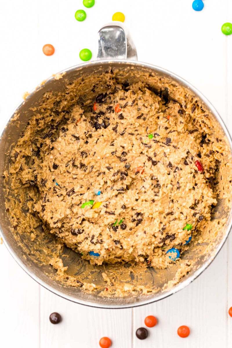 toffee bits, coconut, chocolate chips, and M&Ms mixed into the cookie dough