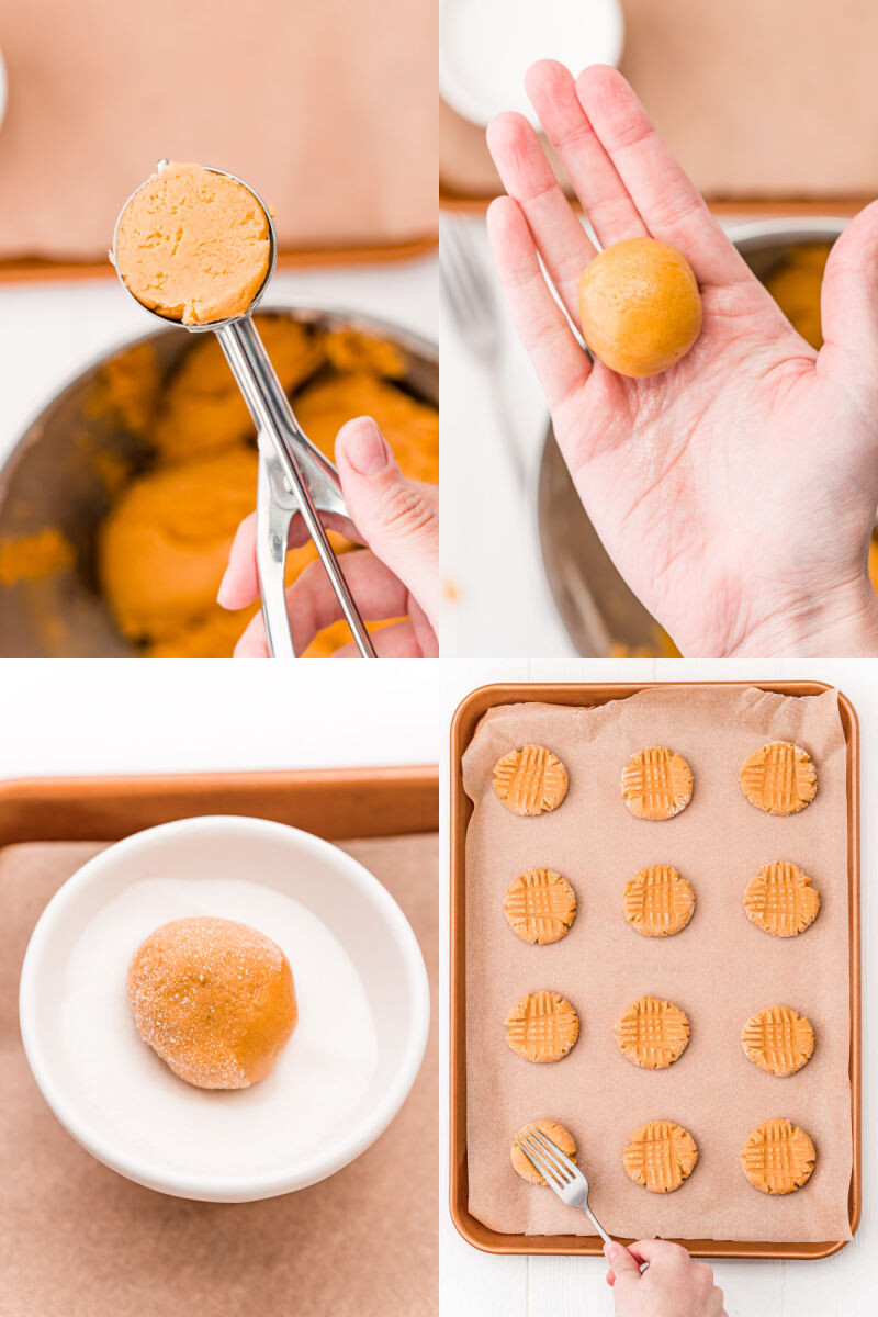 peanut butter cookie cough in a cookie scoop, rolled into a ball on a palm, ball rolled in sugar, and dough balls on a baking sheet being pressed flat with a fork