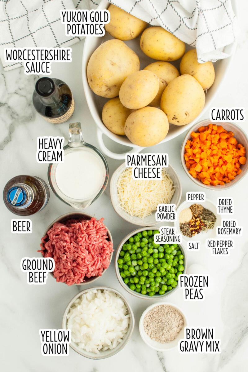 ingredients to make shepherd's pie with text labels