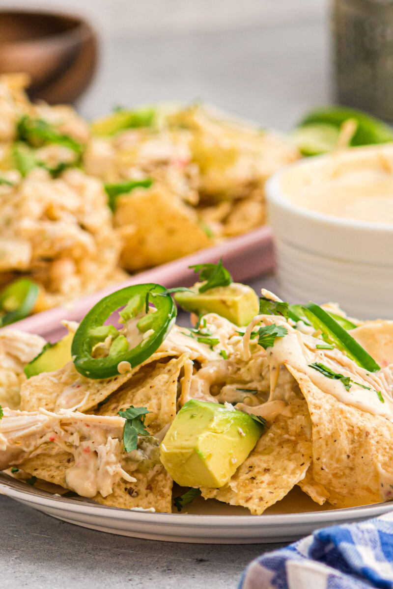 close up of queso blanco chicken nachos on a plate