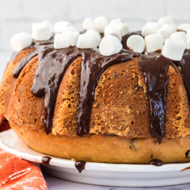 square image of s'mores chocolate chip bundt cake in a plate topped with chocolate ganache and mini marshmallows