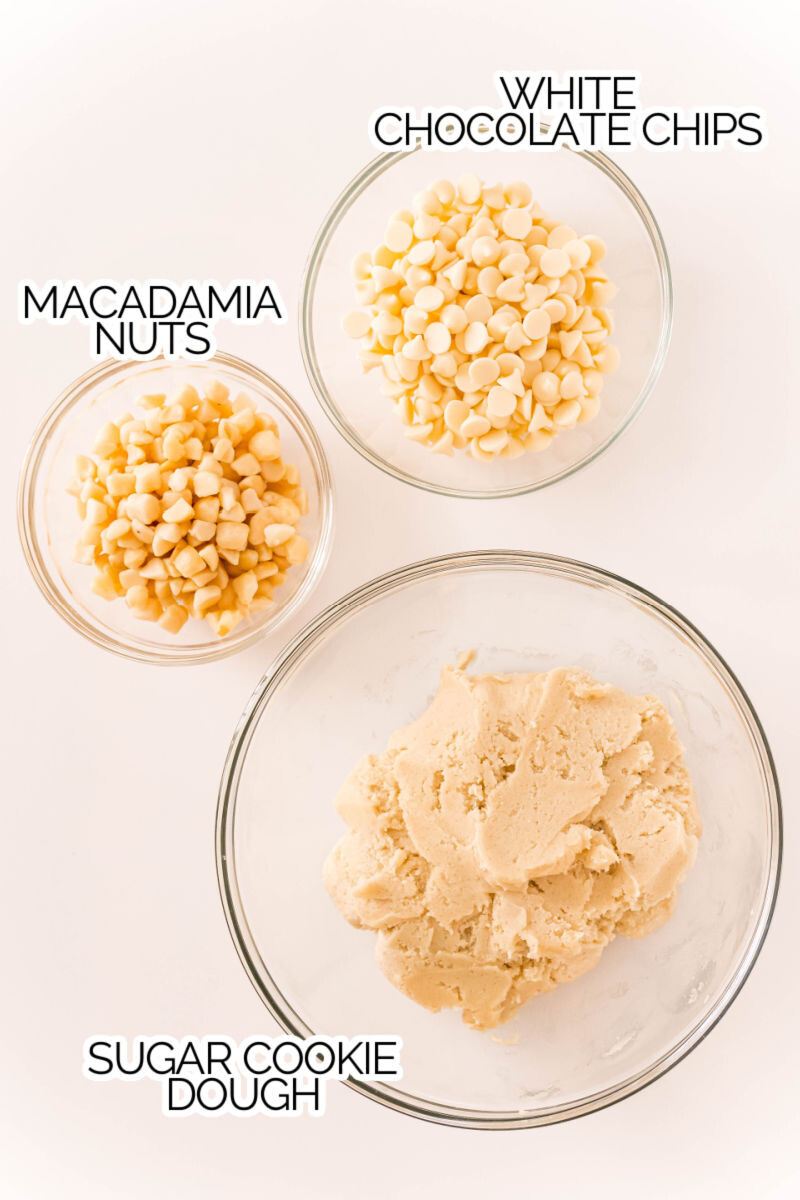 ingredients to make white chocolate macadamia nut cookies with text labels