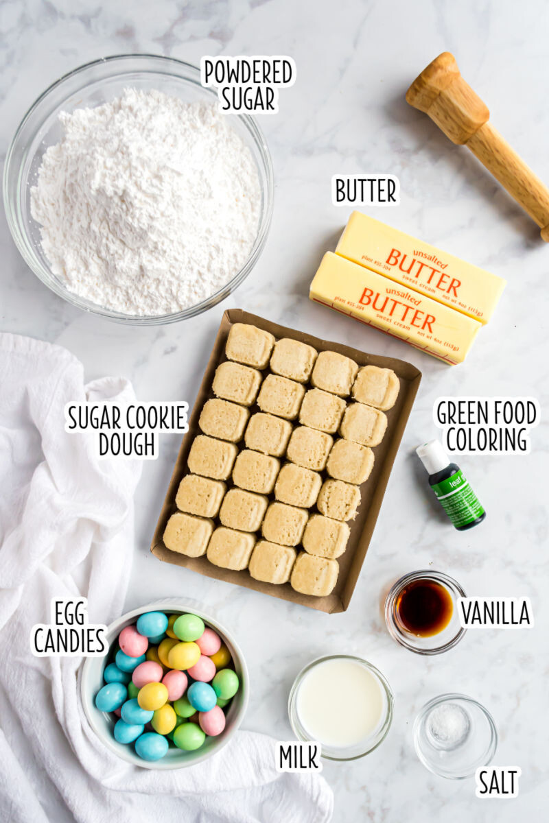 ingredients to make easter egg sugar cookie cups with text labels