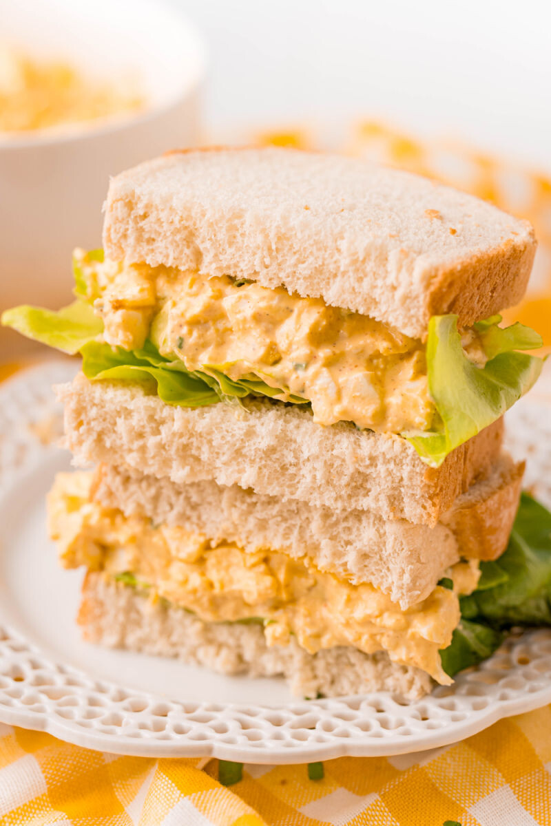 egg salad sandwich with the two halves stacked on each other