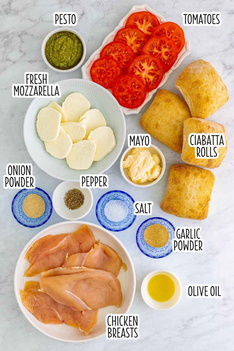 ingredients to make a pesto chicken sandwich with text labels