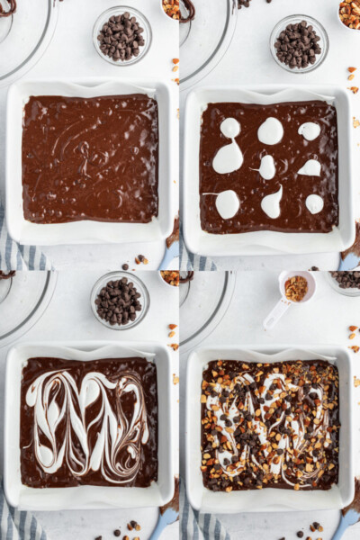 collage of brownie batter in a square pan, dollops of marshmallow fluff over the batter, fluff swirled into the batter, chocolate chips and almonds sprinkled over the brownie batter