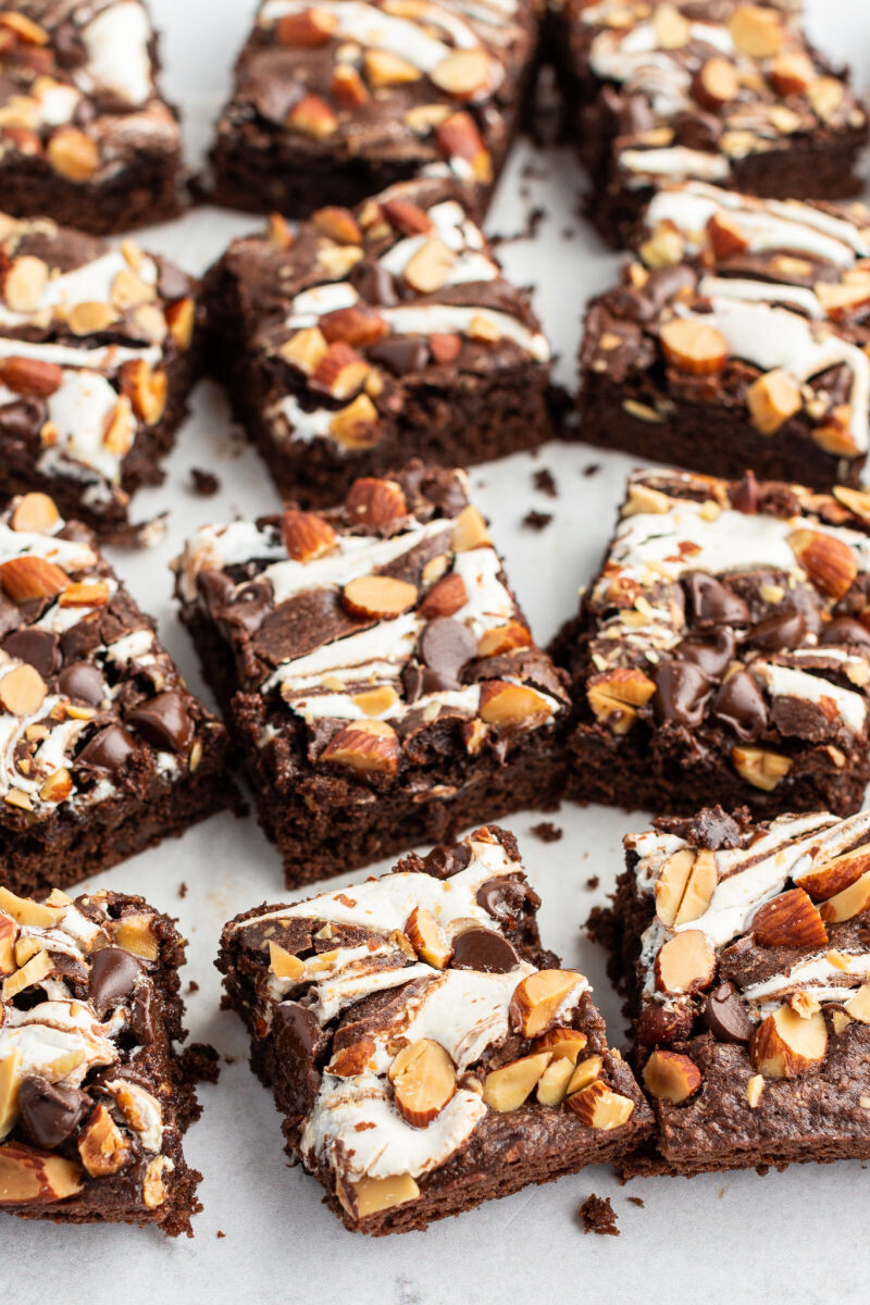 close up of rocky road brownies on a cutting board