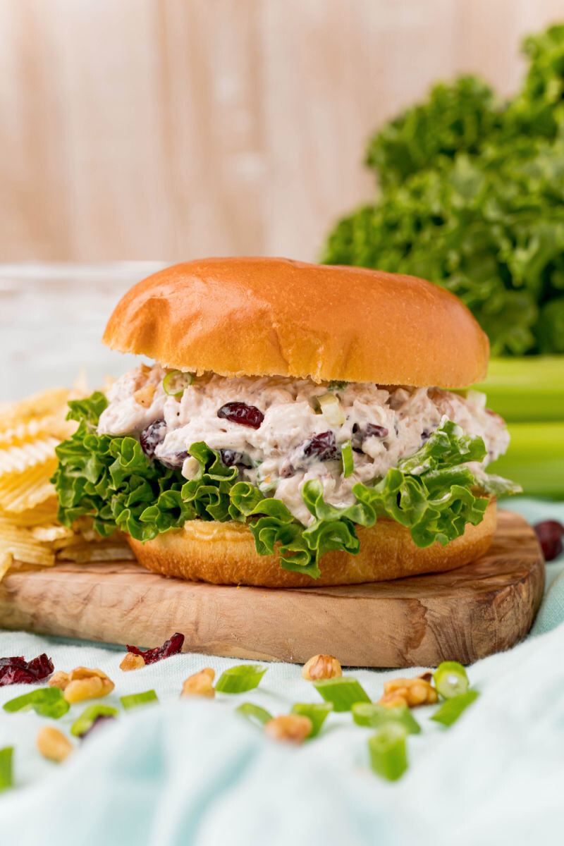 walnut & cranberry chicken salad served on a bun with lettuce next to potato chips