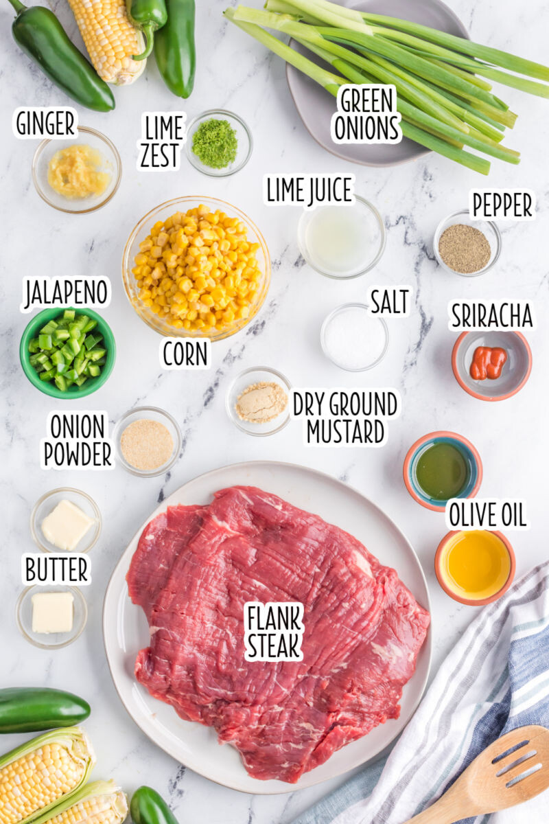 ingredients to make grilled flank steak and corn salsa with text labels