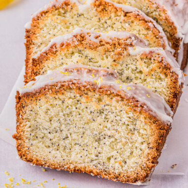 square image of slices of almond poppy seed pound cake with lemon glaze