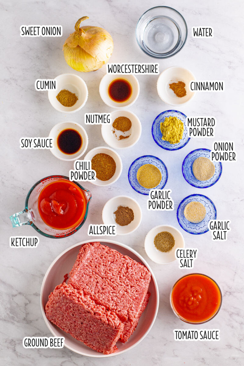 ingredients to make hot dog chili in bowls with text labels