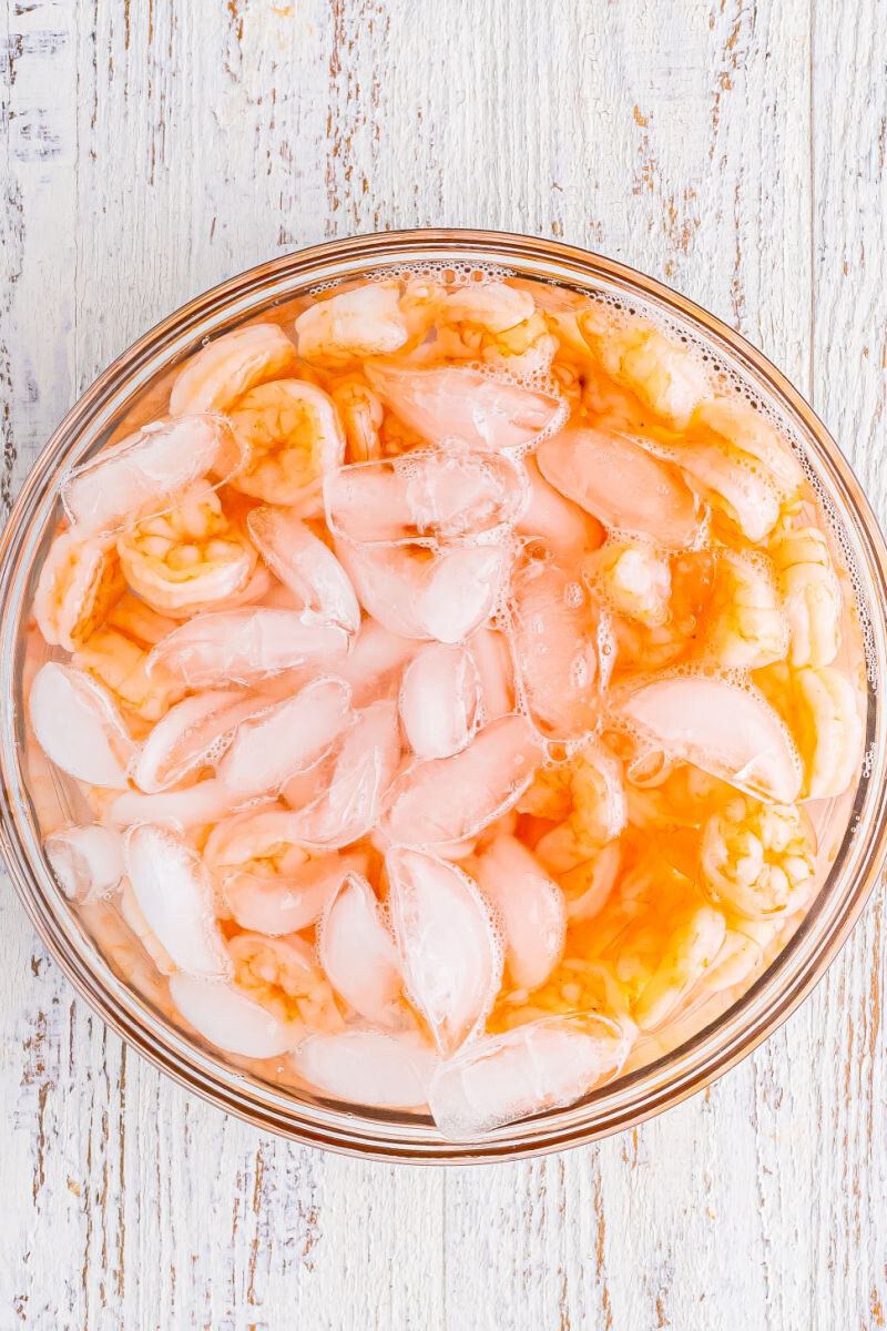 cooked shrimp in an ice water bath