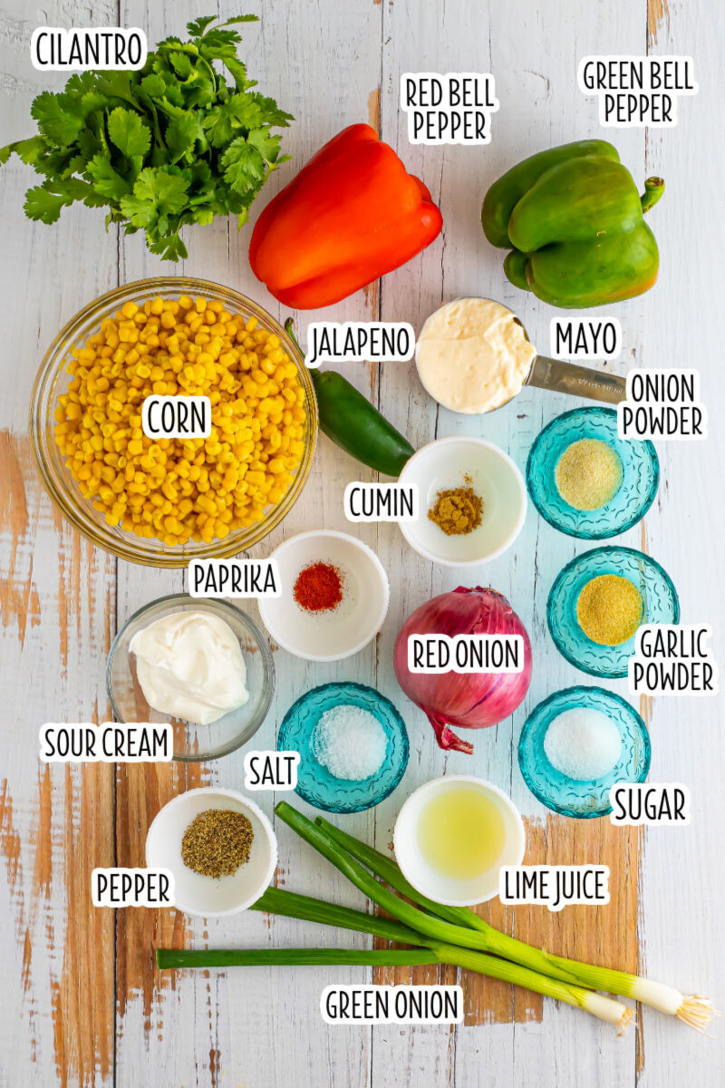 ingredients to make tex-mex corn salad with text labels